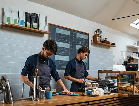 Δύο barista ετοιμάζουν καφέδες στον πάγκο ενός καφέ